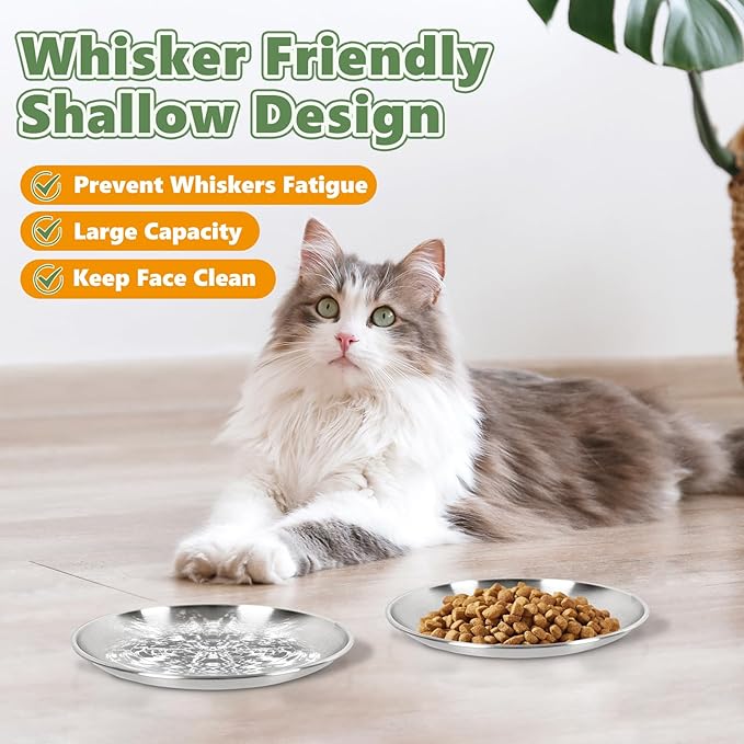 4-Pack Stainless Steel Cat Food Bowls, Shallow Whisker-Friendly Non-Slip Silicone Base Metal Dishes, Easy to Clean Indoor Feeding Flat Plates for Cat, Kitten, Small Dog (6.7") — image 2