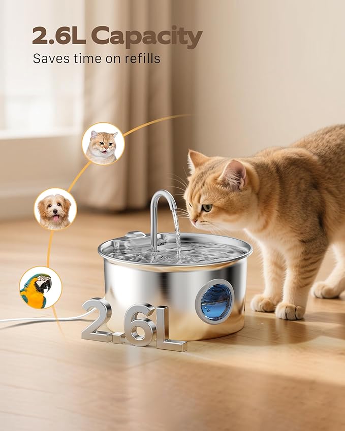 Cat Water Fountain Stainless Steel: Cat Fountain for Drinking - 88oz/2.6L Pet Water Fountain for Cats Indoor - Quiet Cats Water Bowl Dispenser - Pets Feeding & Watering Supplies - for Small Animals — image 2