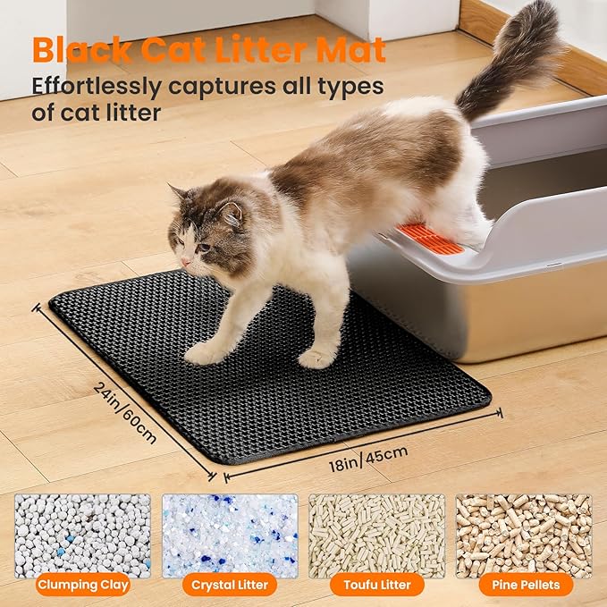 Cat Litter Mat, 24x18 Inches Large Double Layer Honeycomb Cat Litter Trapping Mat, Non Slip Waterproof Urine Proof Cat Litter Box Mat for Floor, Kitty Litter Rug, Cat Supplies, Black — image 2