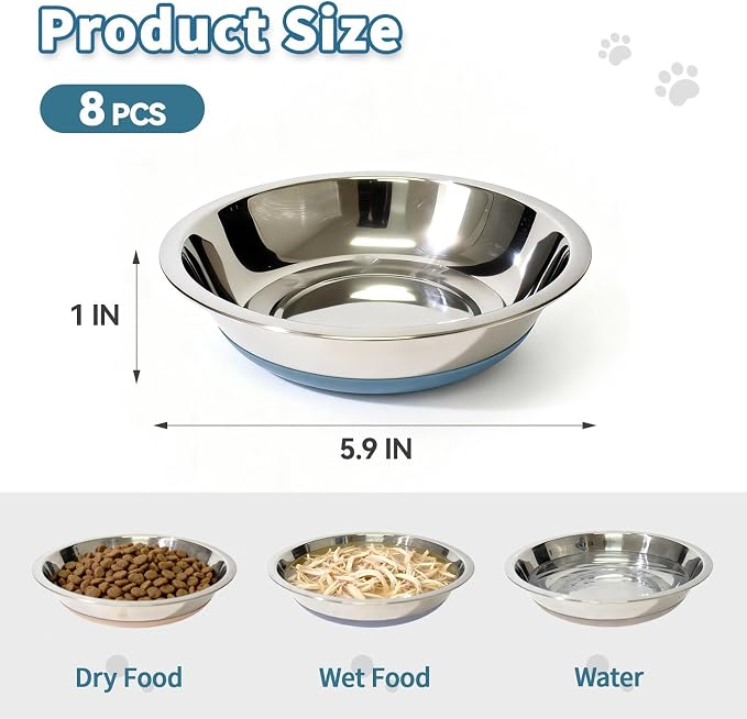 [8 Pack] Stainless Steel Cat Bowls, Cat Dishes Whisker Friendly with Non-Slip Silicone Bottom, Easy to Clean, 5.5" Shallow Wide Cat Food and Water Feeding Bowl for Indoor Outdoor Cats — image 2