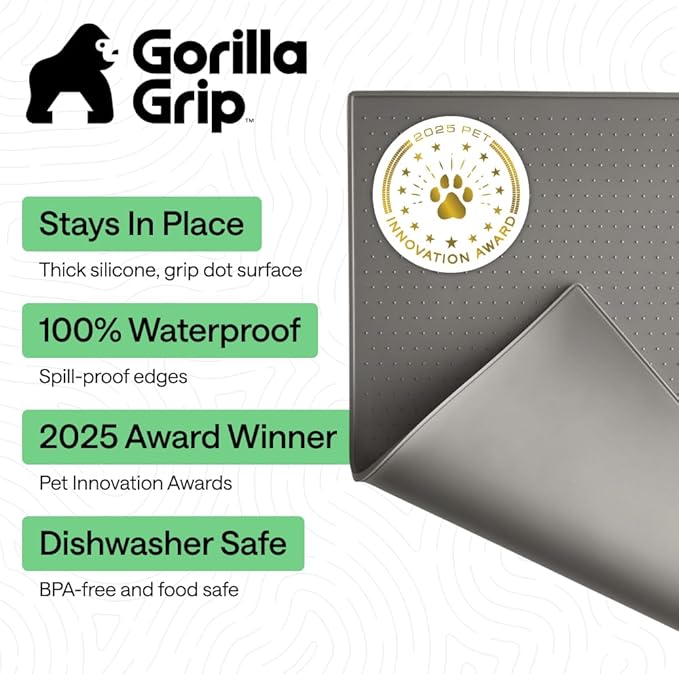 GORILLA GRIP 100% Waterproof Raised Edge BPA Free Silicone Pet Feeding Mat, Dog Cat Food Mats Contain Spills Protects Floors, Placemats for Cats and Dogs Water Bowl, Pets Accessories 18.5x11.5 Gray — image 2