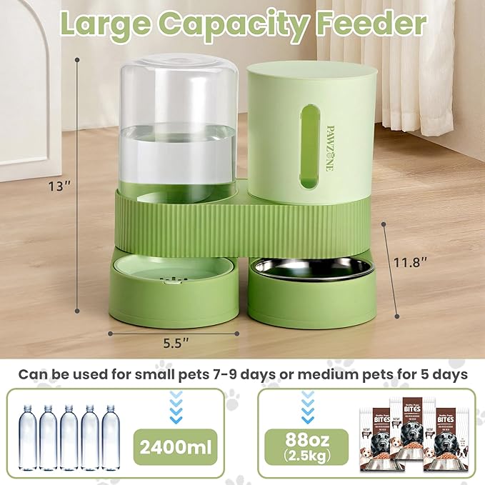 2 Pack Automatic Cat Feeder Stainless Steel Water Dispenser Gravity Food Feeder and Waterer Set with Pet Food Bowl for Small Medium Kitten Puppy Pets Large Capacity(Green) — image 2