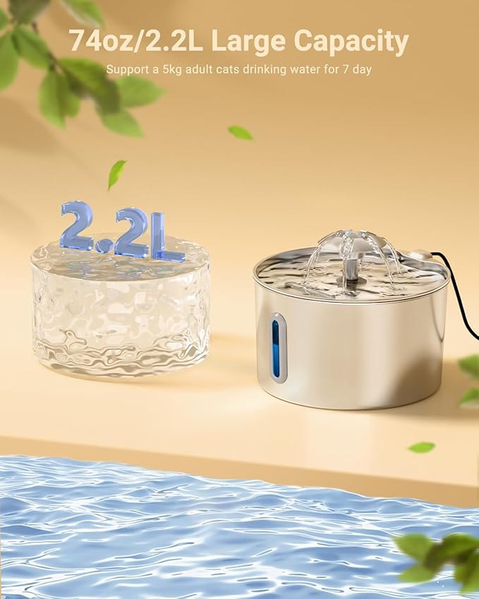 Cat Water Fountain Stainless Steel - 74oz/2.2L Automatic Large Pet Watering Bowl Dispenser for Indoor Dogs - Drinking Fountains with 3 Filter, Gifts for Cats and Kitty - Dog Waterer Bowls No Spill — image 2