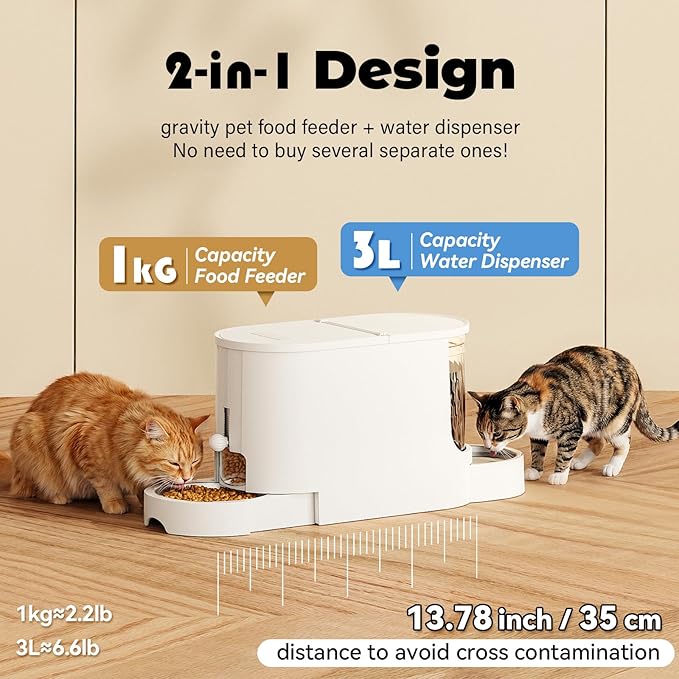 JUNSPOW Automatic Cat Feeder 2-in-1 Set, Gravity Cat Food Feeder and Water Dispenser, Dog Feeding & Watering Supply with Stailess Steel Bowls, Large Capacity Low Noise, White — image 2