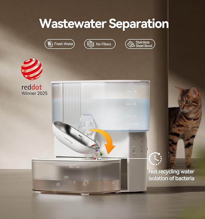 Wireless Cat Water Fountain No Filters, Wastewater Separation, FEELNEEDY Stainless Steel Bowl, 3.5L Pet Water Fountain for Cats & Dogs Dispenser, White — image 2