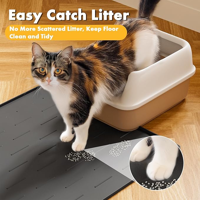 Pieviev Silicone Cat Litter Trapping Mat, 34''x22'' Large Cat Litter Mat, Easy to Clean & Soft on Kitty Paws, Waterproof Kitty Litter Pads for Indoor Cats, Dark Grey — image 2