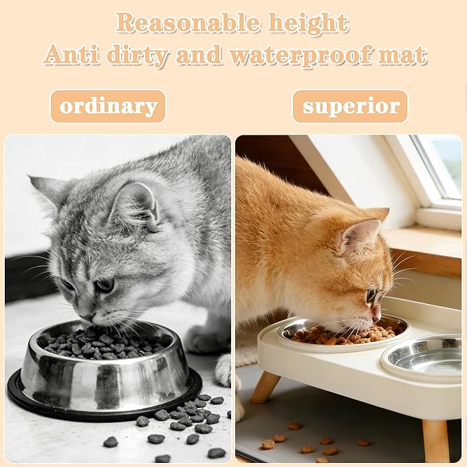 Elevated Cat Bowls with Food Mat, Splash Proof Anti Vomiting Raised Cat Food and Water Bowl Set, 2 Stainless Steel Dishes for Cats and Puppy, Pet Bowl for Indoor Cats White — image 2