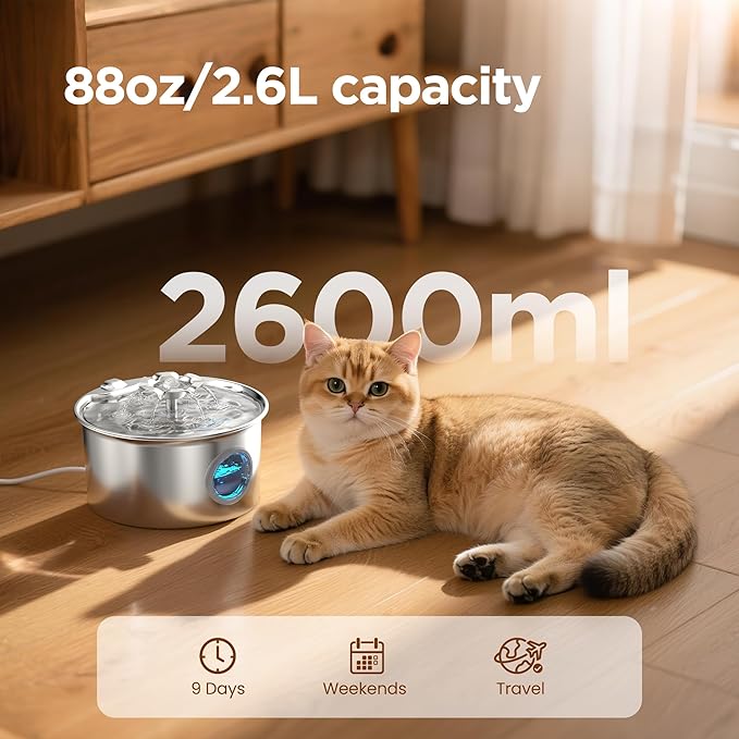 Stainless Steel Cat Water Fountain: 88oz/2.6L Ultra Quiet Pet Fountain with Flower Kitty Spout & LED Blue Light Water Dispenser with Water Level Window for Cats/Dogs Indoor (Silver) - IHOUONE — image 2