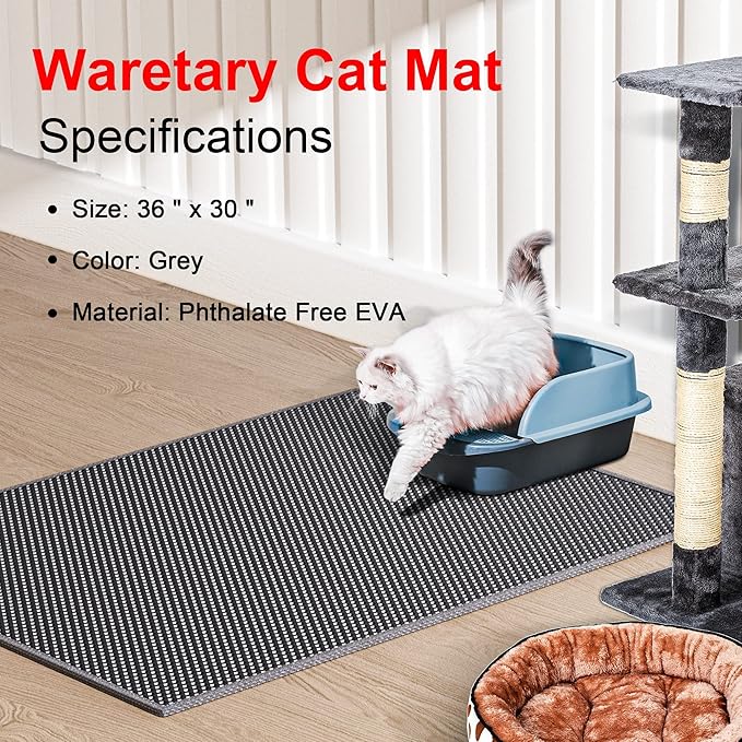 Waretary Cat Litter Box Mat: 36"x 30" Waterproof Kitty Cat Litter Trapping Mat, Easy-clean Double-layer Scatter Control Pad Rug (Grey) — image 2