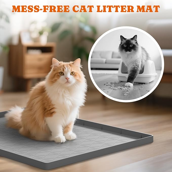 Pawtners Large Cat Litter Mat for Litter Box 2 Packs, 34" x 22" Waterproof Silicone Pad for Floor, Easy to Clean, Gray — image 2