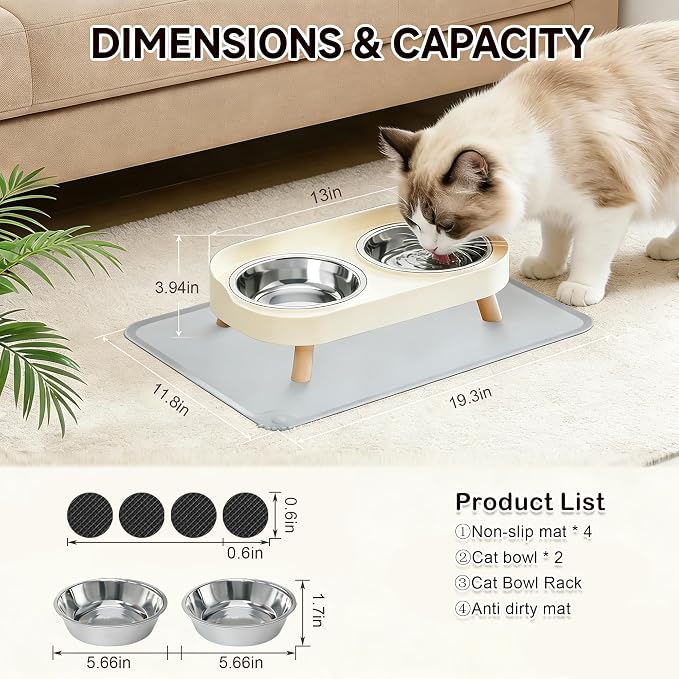 Elevated Cat Bowls with Food Mat, Splash Proof Anti Vomiting Raised Cat Food and Water Bowl Set, 2 Stainless Steel Dishes for Cats and Puppy, Pet Bowl for Indoor Cats White — image 3