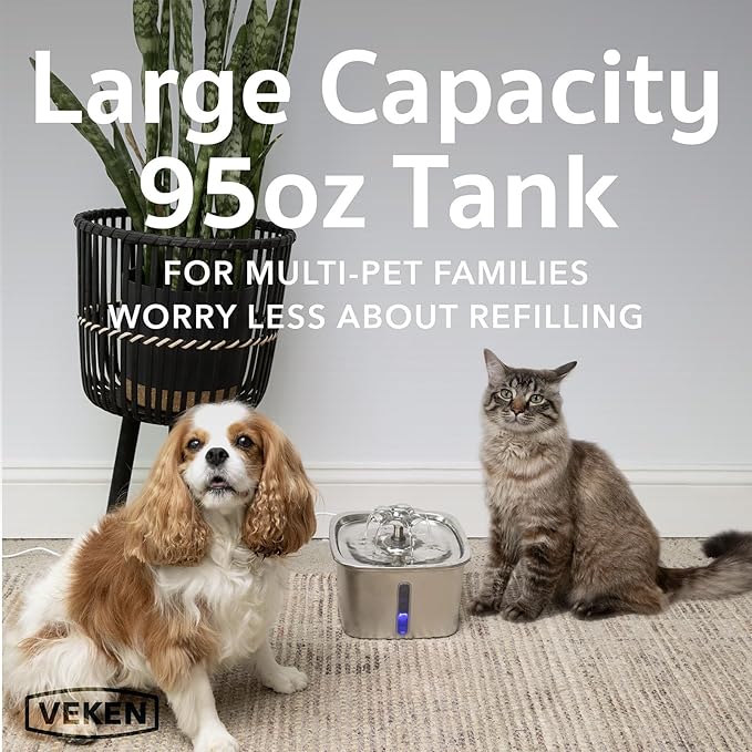 Veken Innovation Award Winner Stainless Steel Cat Water Fountain, 95oz/2.8L Automatic Pet Fountain Dog Water Dispenser with Replacement Filters & Silicone Mat, Gifts for Cats, Dogs (Silver) — image 3