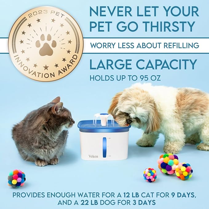 Veken Innovation Award Winner 95oz/2.8L Pet Fountain, Automatic Cat Water Fountain Dog Water Dispenser with Replacement Filters for Cats, Dogs, Multiple Pets (Blue, Plastic) — image 3