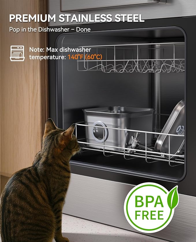 Stainless Steel Cat Water Fountain, 2.8L with 20dB Ultra-Quiet Pump- Ideal for Timid Pets, LED Water Level Window, Dishwasher Safe, 24/7 Circulation- Includes 3 Replacement Filters — image 3