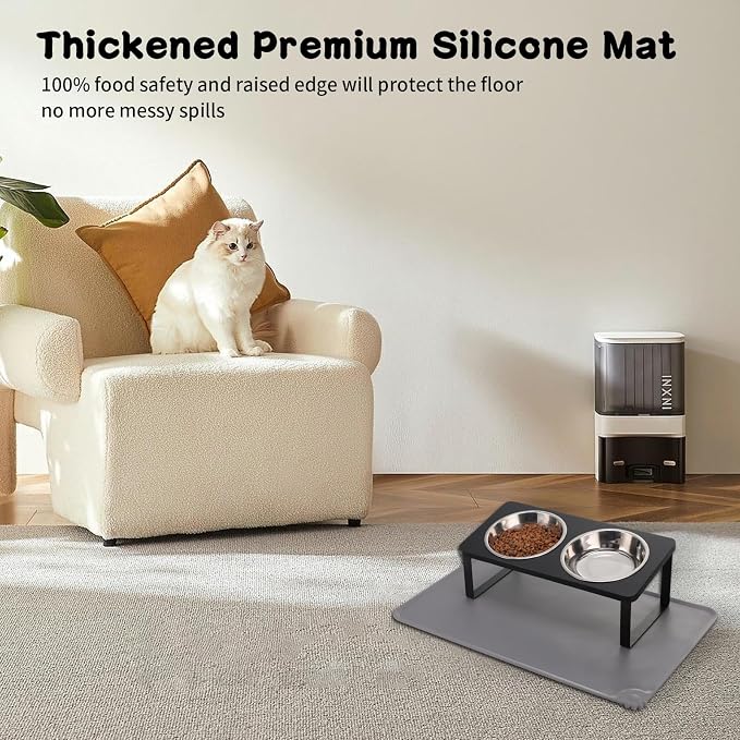 Upgraded Elevated Cat Bowls with Food Mat,15°Tilted Stand Anti Vomiting Raised Cat Dishes for Food and Water,2 Stainless Steel Bowls for Cats and Puppy（Black） — image 3