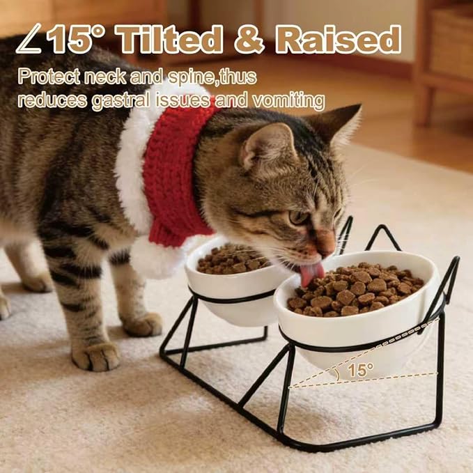 Elevated Tilted Cat Bowls for Indoor Cats，Raised Ceramic Cat Bowl Elevated 15°,Pet Feeding Bowls for Food and Water Anti Vomiting Bowl(Double Ceramics and Tilt Shelf) Suitable — image 3