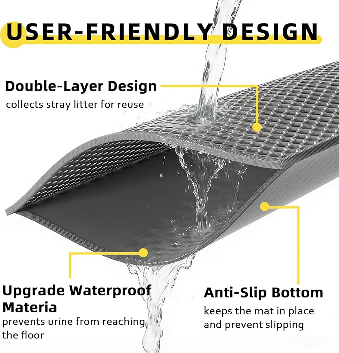 Cat Litter Mat, 30"X24" Large Double Layer Litter Trapping Mat, Waterproof/Urineproof, Easy to Clean Kitty Litter Mats for Floor, Scatter Control (Grey-1Pack) — image 3