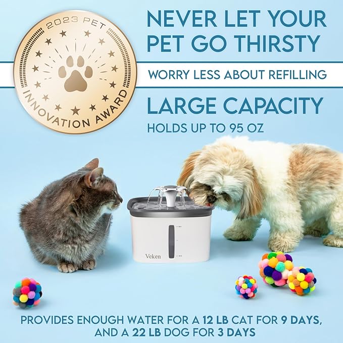 Veken Innovation Award Winner 95oz/2.8L Pet Fountain, Automatic Cat Water Fountain Dog Water Dispenser with Replacement Filters for Cats, Dogs, Multiple Pets (Grey, Plastic) — image 3