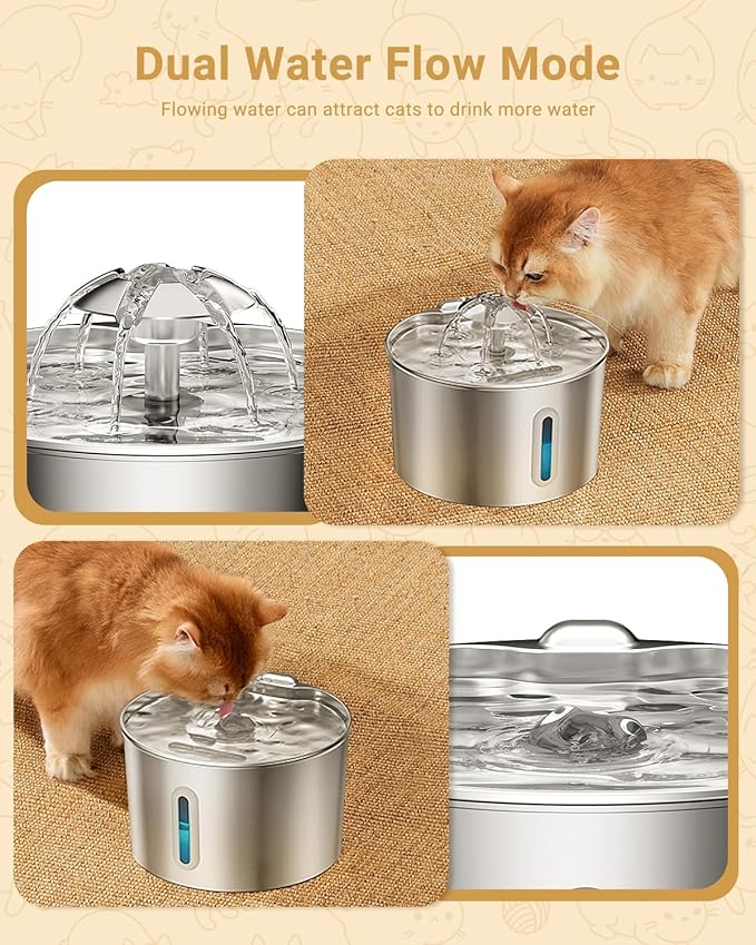 Cat Water Fountain Stainless Steel - 74oz/2.2L Automatic Large Pet Watering Bowl Dispenser for Indoor Dogs - Drinking Fountains with 3 Filter, Gifts for Cats and Kitty - Dog Waterer Bowls No Spill — image 3