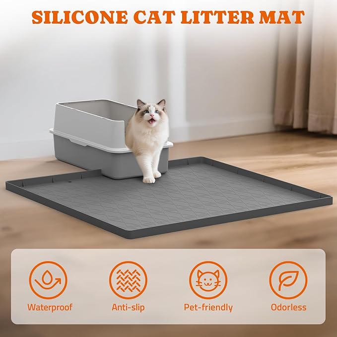 Pawtners Large Cat Litter Mat for Litter Box 2 Packs, 34" x 22" Waterproof Silicone Pad for Floor, Easy to Clean, Gray — image 3