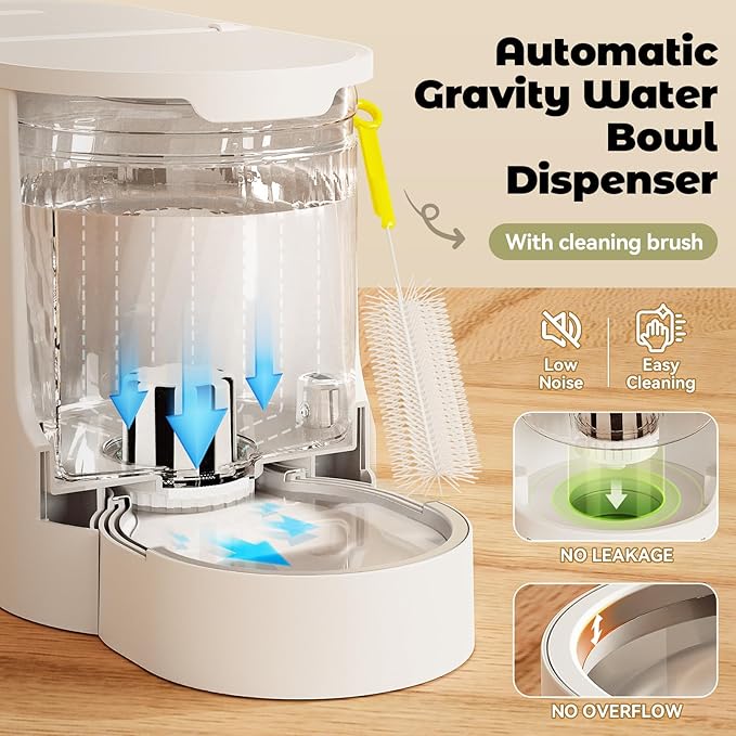JUNSPOW Automatic Cat Feeder 2-in-1 Set, Gravity Cat Food Feeder and Water Dispenser, Dog Feeding & Watering Supply with Stailess Steel Bowls, Large Capacity Low Noise, White — image 3