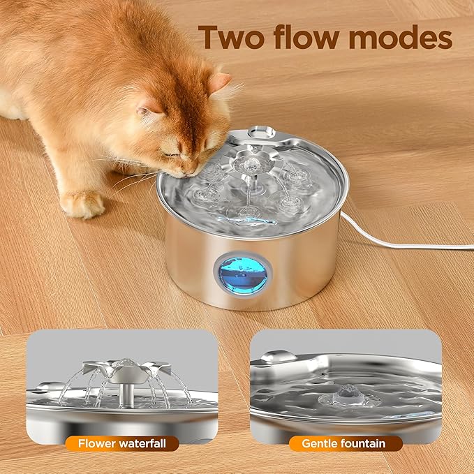 Stainless Steel Cat Water Fountain: 88oz/2.6L Ultra Quiet Pet Fountain with Flower Kitty Spout & LED Blue Light Water Dispenser with Water Level Window for Cats/Dogs Indoor (Silver) - IHOUONE — image 3