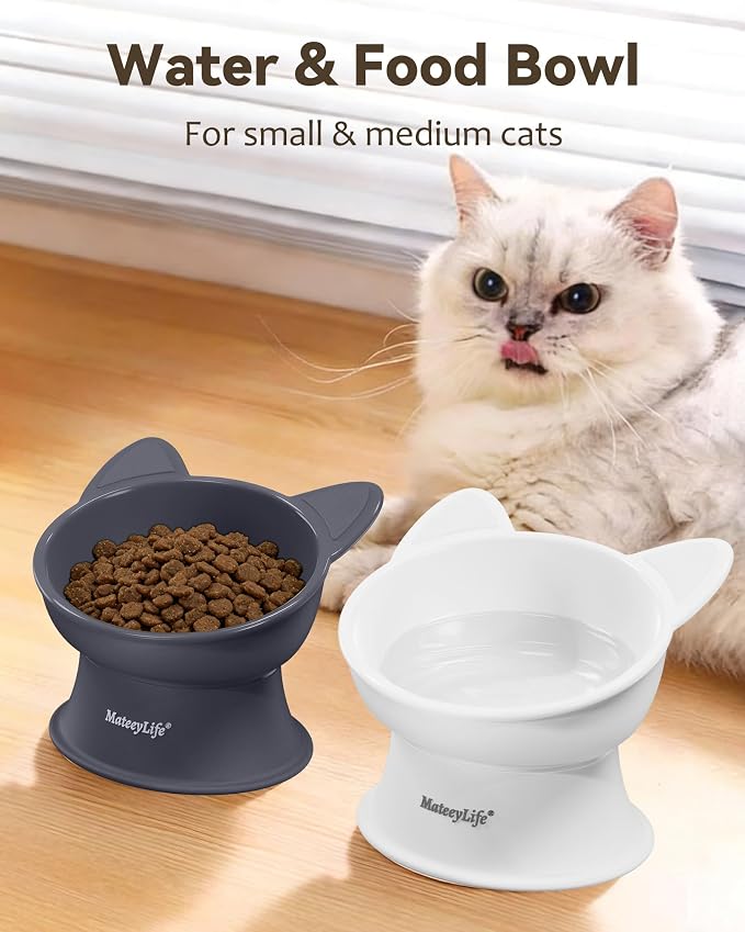 MateeyLife Elevated Cat Bowls, 2P Raised Food and Water Bowl Set for Indoor Cats & Small Dogs, Whisker Fatigue Cat Bowl, Anti Vomit Feeding Pet Bowls, 6 oz Each, Dishwasher Safe - White & Grey — image 3