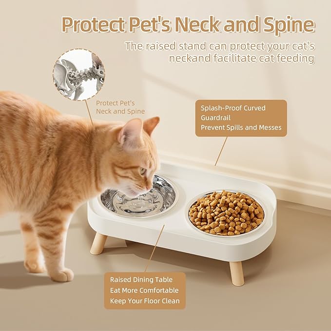 Elevated Cat Bowl, Raised Cat Food and Water Bowl Set for Indoor Cats, Splash Proof with 2 Stainless Steel Pet Food Bowls for Cats and Puppies, Whisker Fatigue and Dishwasher Safe - White — image 3