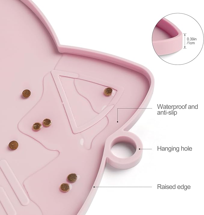 Coomazy Cat Food & Water Mat, Thicker Non-Slip Silicone Mat with Raised Edge (Pink, Medium) — image 3