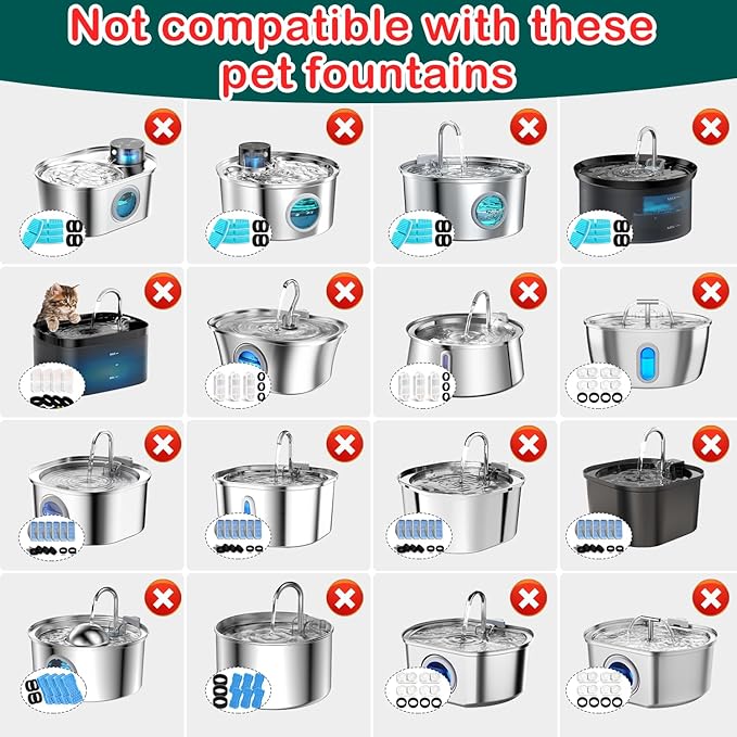 Cat Water Fountain Filter,16 Pack Cat Fountain Replacement Filters for Stainless Steel 67oz/2L Adjustable Water Flow Pet Water Fountain,Dog Water Fountain (8+8 Pack) — image 3
