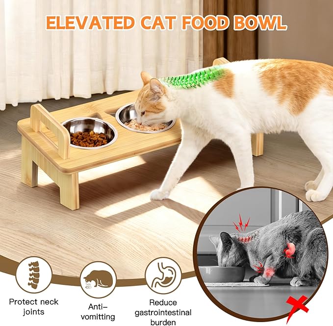 Bamboo Elevated Cat Bowls, 3 Stainless Steel Raised Cat Bowl with Stand, 15°Tilted Cat Feeding Station, Cat Food and Water Bowl Set for Small Cats, Anti Vomitting, Whisker Fatigue (Natural) — image 3