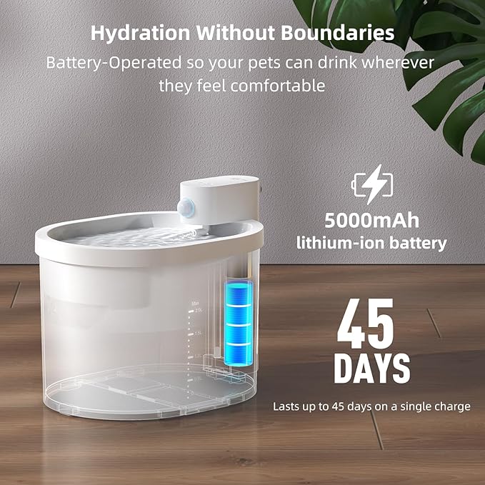 uahpet Cat Water Fountain, Wireless & Battery Operated 2L/67oz Pumpless Automatic Pet Fountain with Motion Sensor, Food-Grade ABS Tray, Easy to Clean Water Dispenser for Cats — image 3