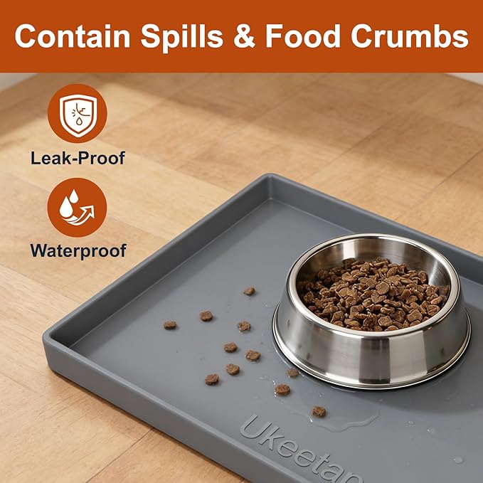 ukeetap Extra Thick Silicone Mat Waterproof with Raised Edge 19” x 12”, BPA Free Non-Slip Dog & Cat Food Mat, Feeding Mat for Food and Water Bowls, Spill Proof Mat to Protect Floors, Gray — image 3