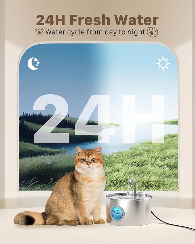 Cat Water Fountain Stainless Steel: 74oz/2.2L Cat Fountain for Drinking - Pet Water Fountain for Cats Inside - Quiet Cats Water Bowl Dispenser - Kitty Drinking Fountains - for Pets& Small Animals — image 3