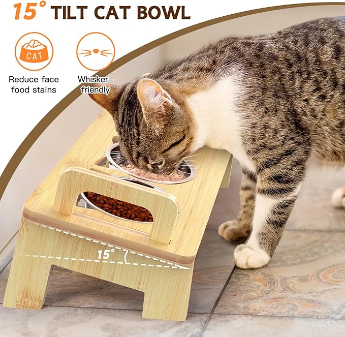 Bamboo Elevated Cat Bowls, 3 Stainless Steel Raised Cat Bowl with Stand, 15°Tilted Cat Feeding Station, Cat Food and Water Bowl Set for Small Cats, Anti Vomitting, Whisker Fatigue (Natural) — image 4