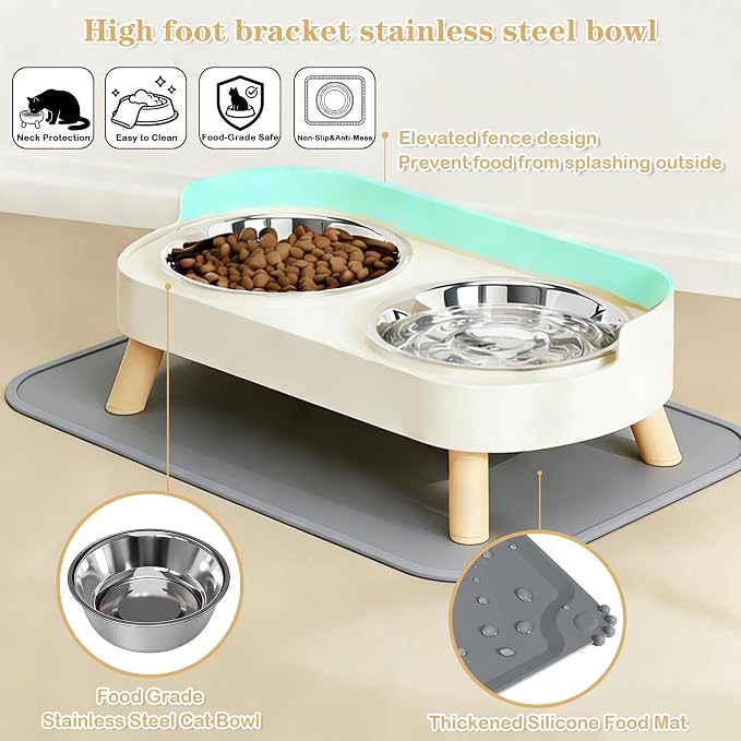 Elevated Cat Bowls with Food Mat, Splash Proof Anti Vomiting Raised Cat Food and Water Bowl Set, 2 Stainless Steel Dishes for Cats and Puppy, Pet Bowl for Indoor Cats White — image 4