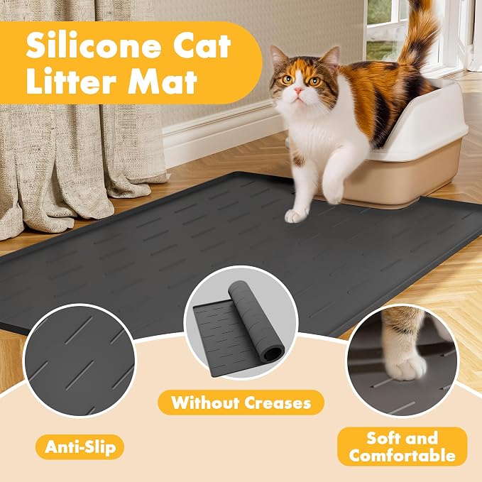 Pieviev Silicone Cat Litter Trapping Mat, 34''x22'' Large Cat Litter Mat, Easy to Clean & Soft on Kitty Paws, Waterproof Kitty Litter Pads for Indoor Cats, Dark Grey — image 4