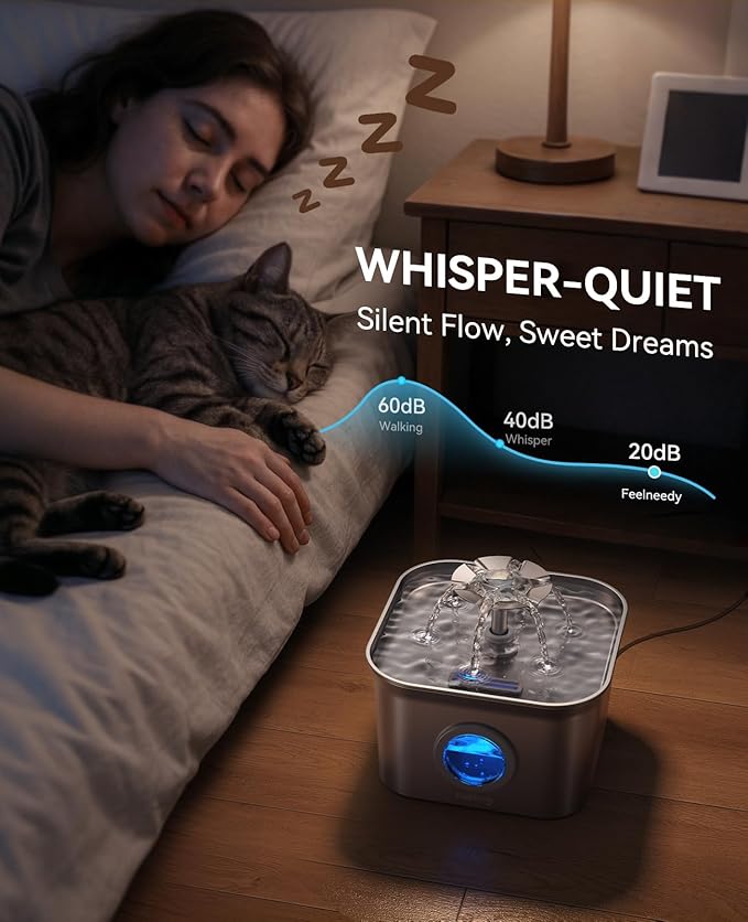 Stainless Steel Cat Water Fountain, 99oz/2.8L Auto Pet Drinking Fountain with 20dB Ultra-Quiet Pump- Ideal for Timid Pets, LED Water Level Window, Dishwasher Safe, 24/7 Circulating Flow - FEELNEEDY — image 4