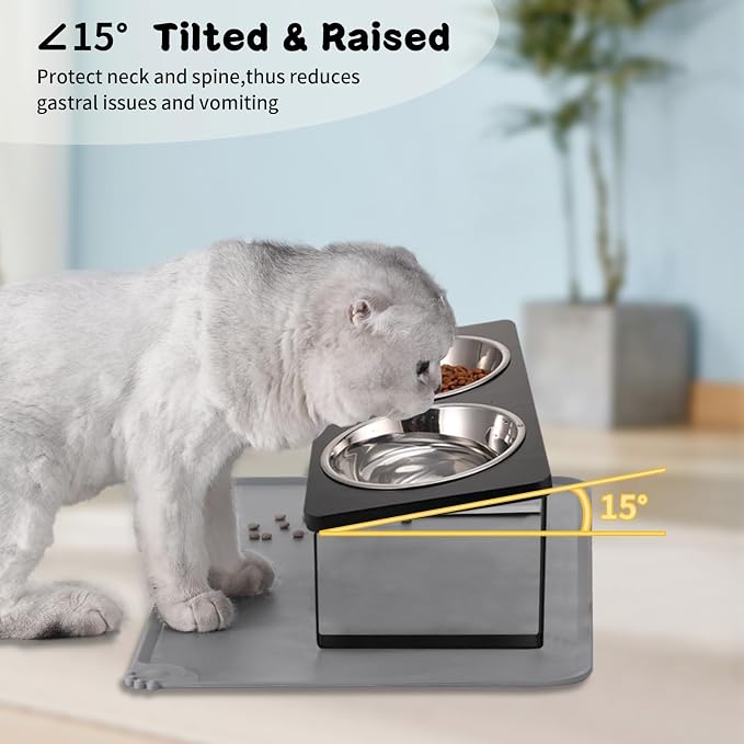 Upgraded Elevated Cat Bowls with Food Mat,15°Tilted Stand Anti Vomiting Raised Cat Dishes for Food and Water,2 Stainless Steel Bowls for Cats and Puppy（Black） — image 4