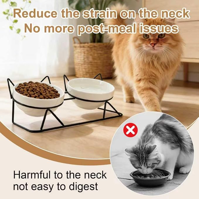 Elevated Tilted Cat Bowls for Indoor Cats，Raised Ceramic Cat Bowl Elevated 15°,Pet Feeding Bowls for Food and Water Anti Vomiting Bowl(Double Ceramics and Tilt Shelf) Suitable — image 4