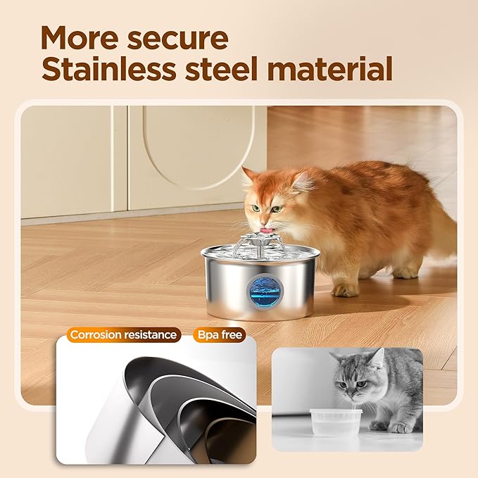 Stainless Steel Cat Water Fountain: 88oz/2.6L Ultra Quiet Pet Fountain with Flower Kitty Spout & LED Blue Light Water Dispenser with Water Level Window for Cats/Dogs Indoor (Silver) - IHOUONE — image 4