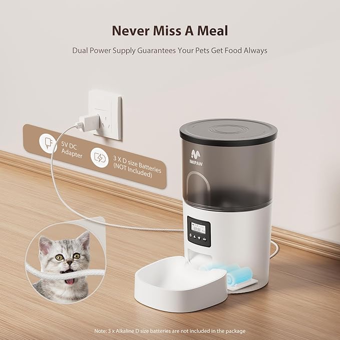 IMIPAW Automatic Cat Feeders, 3L Timed Cat Dry Food Dispenser with Desiccant Bags, Dual Power Supply, Programmable Portion Size, 6 Meals, 20 Portions Per Day, Auto Pet Feeder for Cats and Small Dogs — image 4