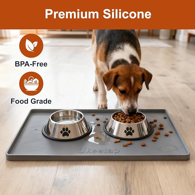 ukeetap Extra Thick Silicone Mat Waterproof with Raised Edge 19” x 12”, BPA Free Non-Slip Dog & Cat Food Mat, Feeding Mat for Food and Water Bowls, Spill Proof Mat to Protect Floors, Gray — image 4