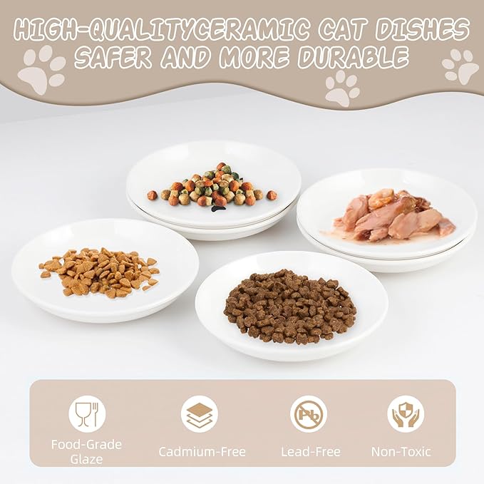 6 Pack Cat Food Bowl, Ceramic Cat Bowls, Anti Whisker Fatigue Cats Bowl Set,5.5 Inches Shallow Wide Kitten Plates for Food and Water (White-A) — image 4