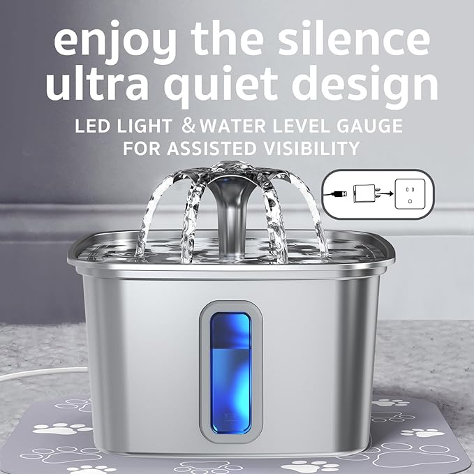 Veken Innovation Award Winner Stainless Steel Cat Water Fountain, 108oz/3.2L Automatic Pet Fountain Dog Water Dispenser with 3 Replacement Filters & Silicone Mat, Gifts for Cats, Dogs (Silver) — image 4