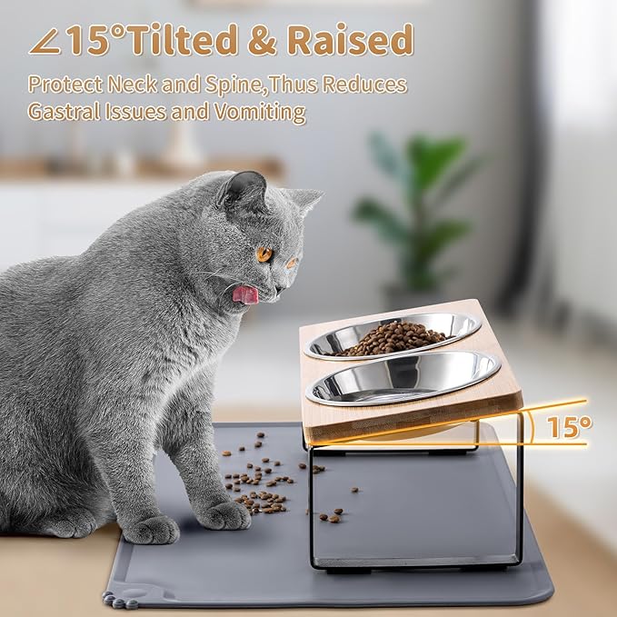 Upgraded Elevated Cat Bowls with Food Mat,15°Tilted Stand Anti Vomiting Raised Cat Dishes for Food and Water,2 Stainless Steel Bowls for Cats and Puppy — image 4