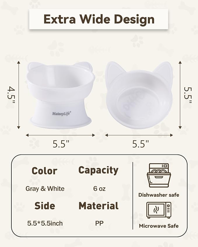 MateeyLife Elevated Cat Bowls, 2P Raised Food and Water Bowl Set for Indoor Cats & Small Dogs, Whisker Fatigue Cat Bowl, Anti Vomit Feeding Pet Bowls, 6 oz Each, Dishwasher Safe - White & Grey — image 4