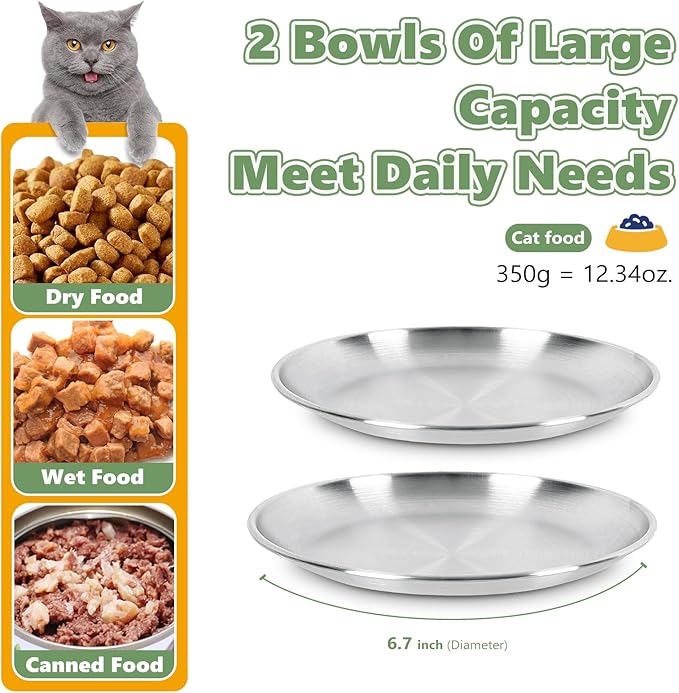 4-Pack Stainless Steel Cat Food Bowls, Shallow Whisker-Friendly Non-Slip Silicone Base Metal Dishes, Easy to Clean Indoor Feeding Flat Plates for Cat, Kitten, Small Dog (6.7") — image 5