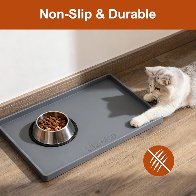 ukeetap Extra Thick Silicone Mat Waterproof with Raised Edge 19” x 12”, BPA Free Non-Slip Dog & Cat Food Mat, Feeding Mat for Food and Water Bowls, Spill Proof Mat to Protect Floors, Gray — image 5