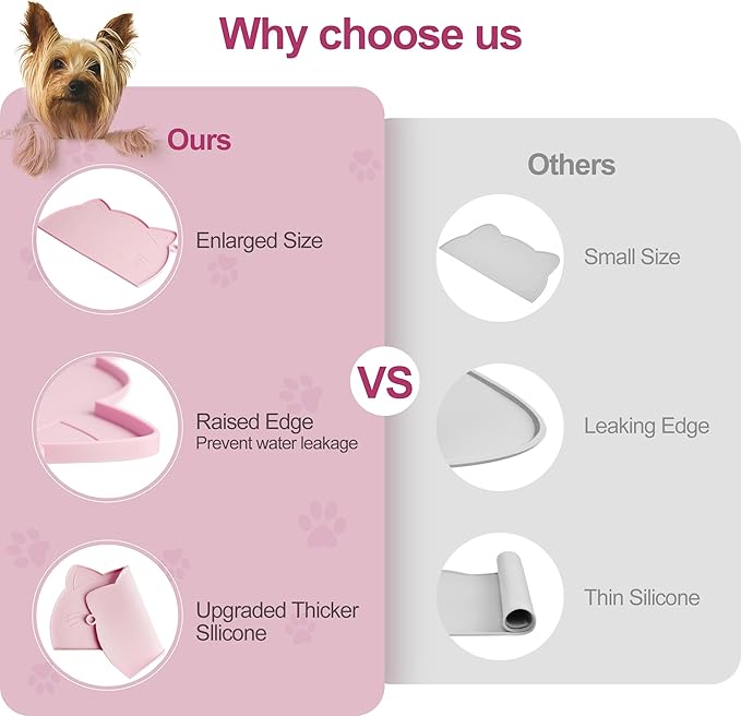 Coomazy Cat Food & Water Mat, Thicker Non-Slip Silicone Mat with Raised Edge (Pink, Medium) — image 5